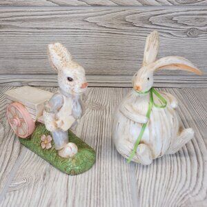 2 Bunnies Fat Big Belly Wood Look Rabbit Pulling Cart Easter Decor Cottage‎ Core